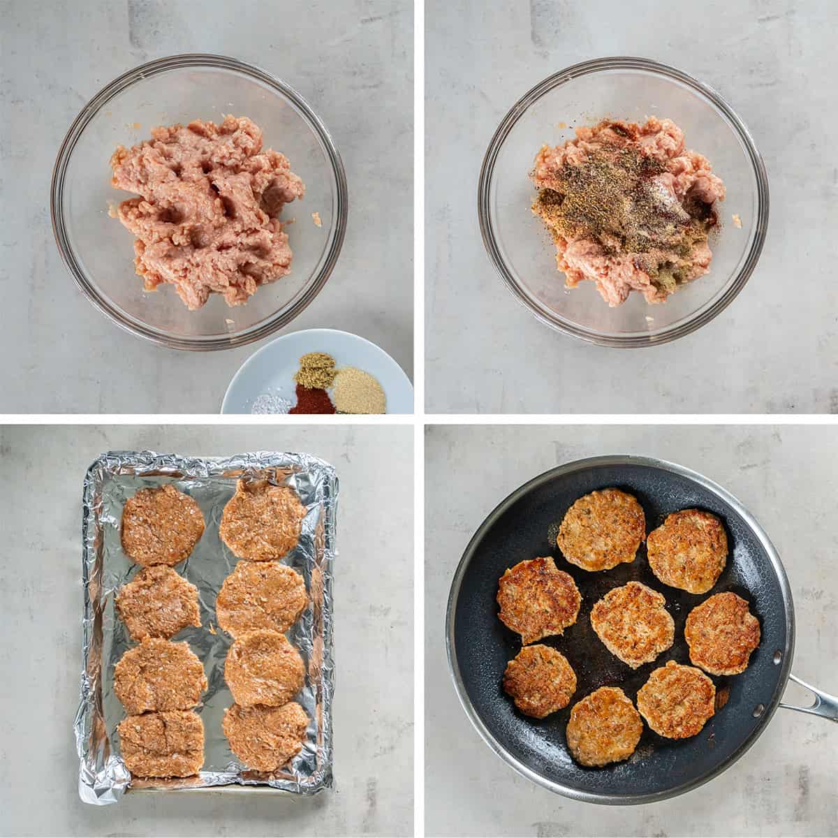 Four images of ground chicken, maple syrup, and spices in a bowl, patties on a foil lined baking sheet, and sausage patties in a pan.