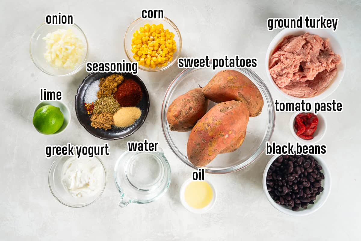 Sweet potatoes, seasoning, corn, and other ingredients in bowls with text overlay.