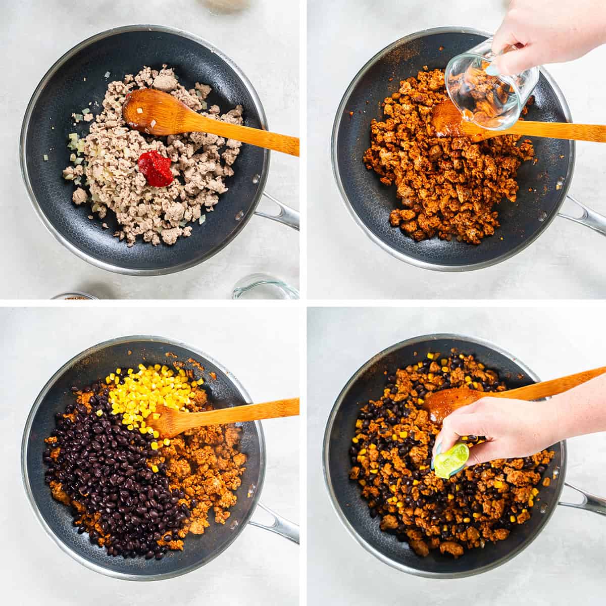 Four images of a turkey taco filling with corn and black beans being made in a skillet.