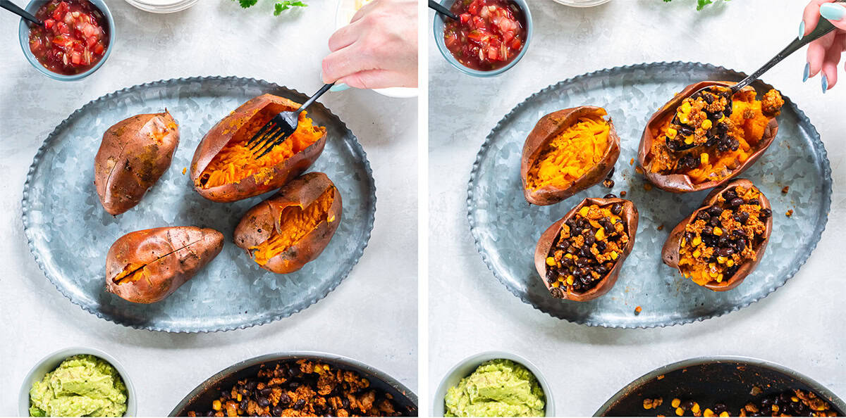 A hand fluffing the intereior or a baked sweet potato with a fork and spooning taco filling on top.