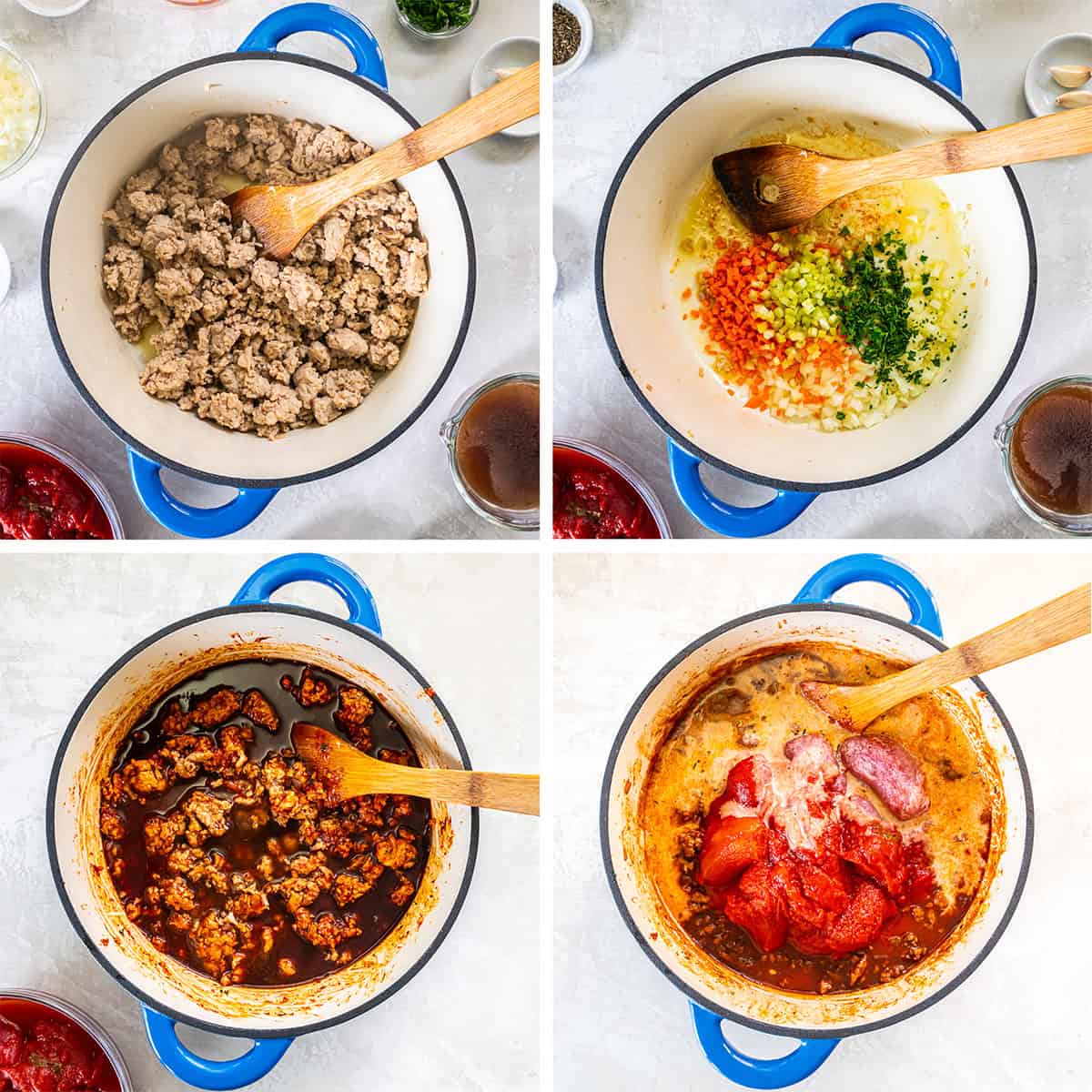 Four images of chicken bolognese ingredients being combined in a Dutch oven.