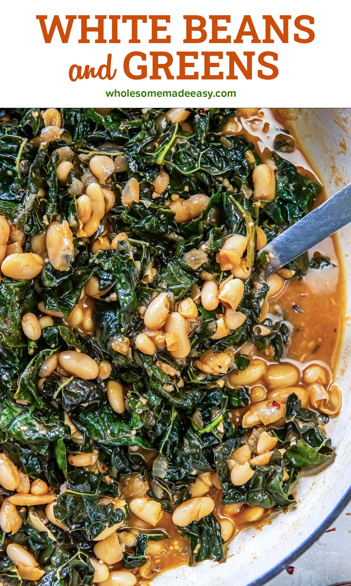 A spoon resting in a skillet of braised white beans and greens with text overlay.