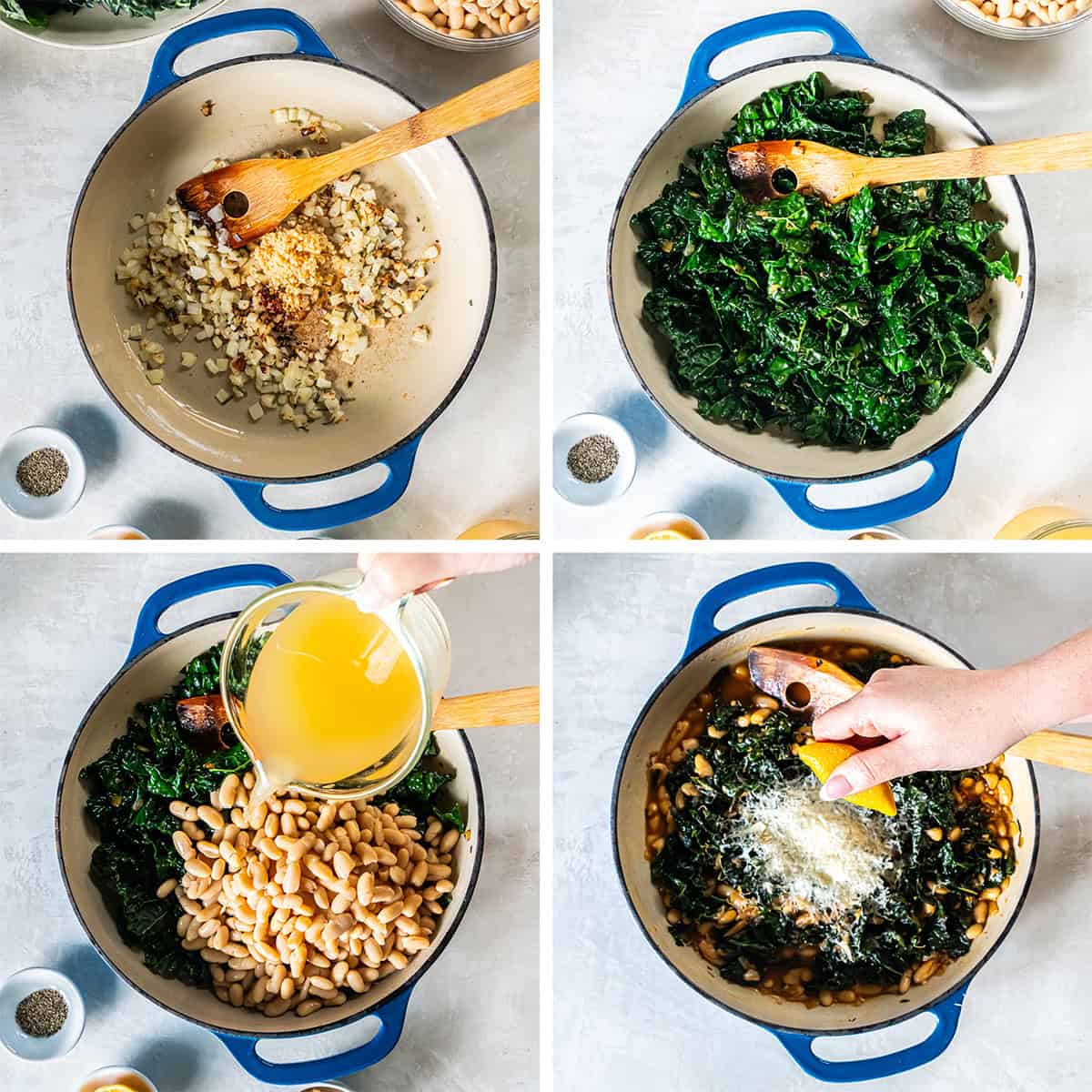 Four images of kale, cannellini beans, and other ingredients being combined in a skillet.