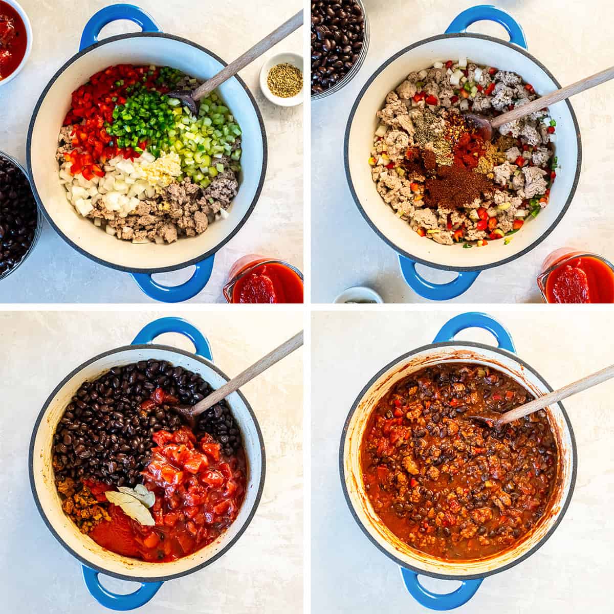 Four images of ground turkey in a blue Dutch oven cooking with spices, black beans, and tomatoes.