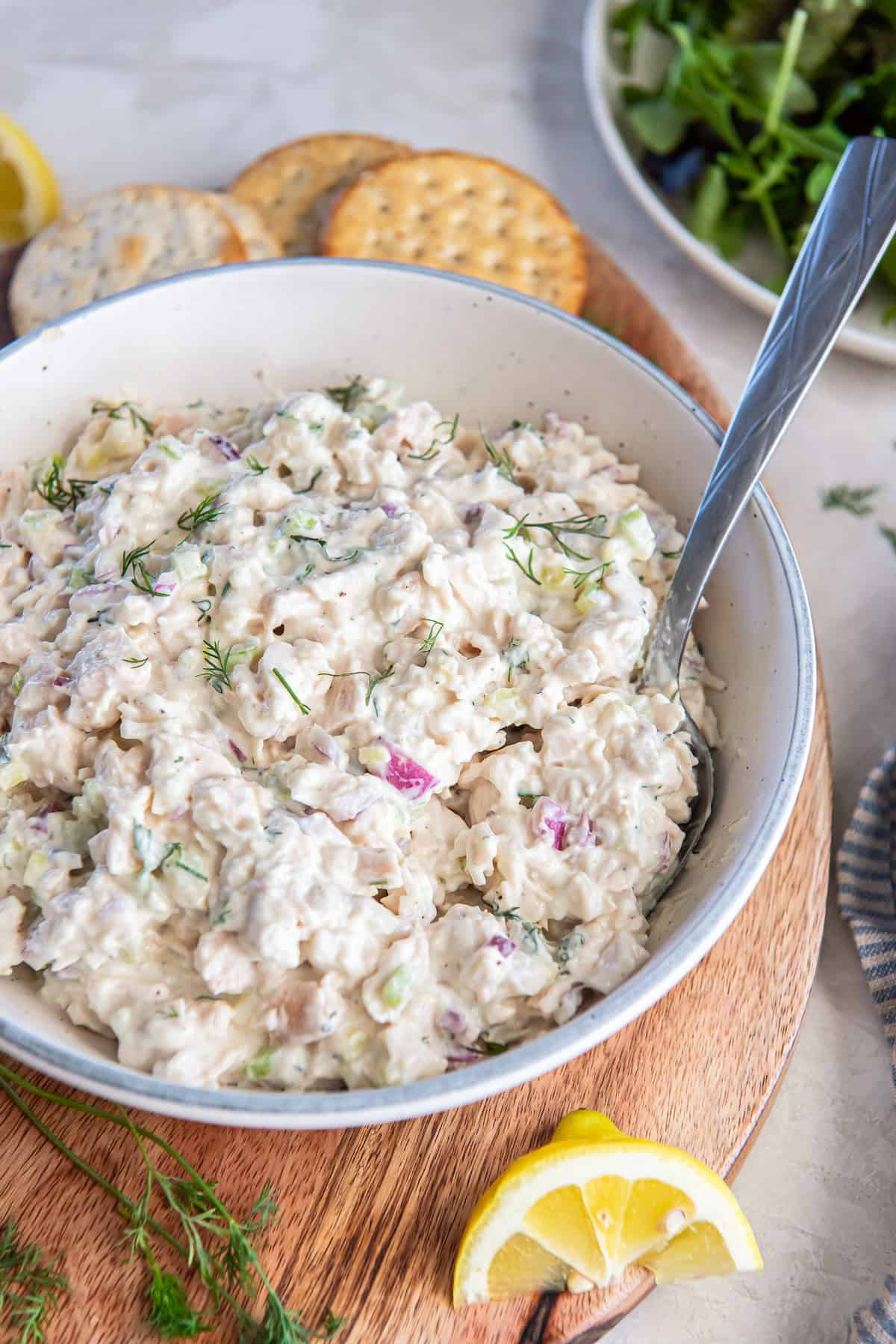 A spoon resting in a bowl of creamy cottage cheese chicken salad with dill, celery, and red onion served with crackers.