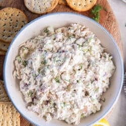 A bowl of cottage cheese chicken salad in a bowl with crackers, lemon wedges, and fresh dill.