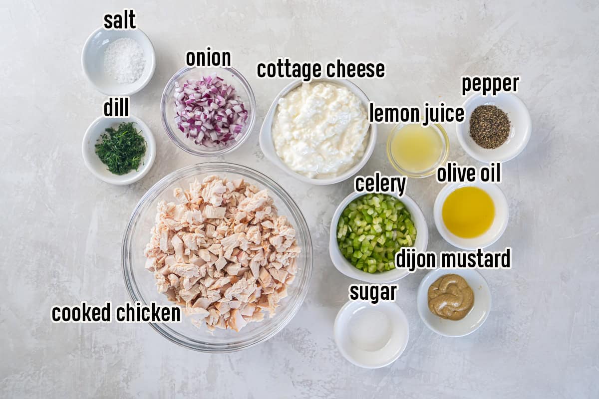 Ingredients for cottage cheese chicken salad including cooked chicken, cottage cheese, celery, red onion, lemon juice, olive oil, Dijon mustard, sugar, fresh dill, salt, and pepper.