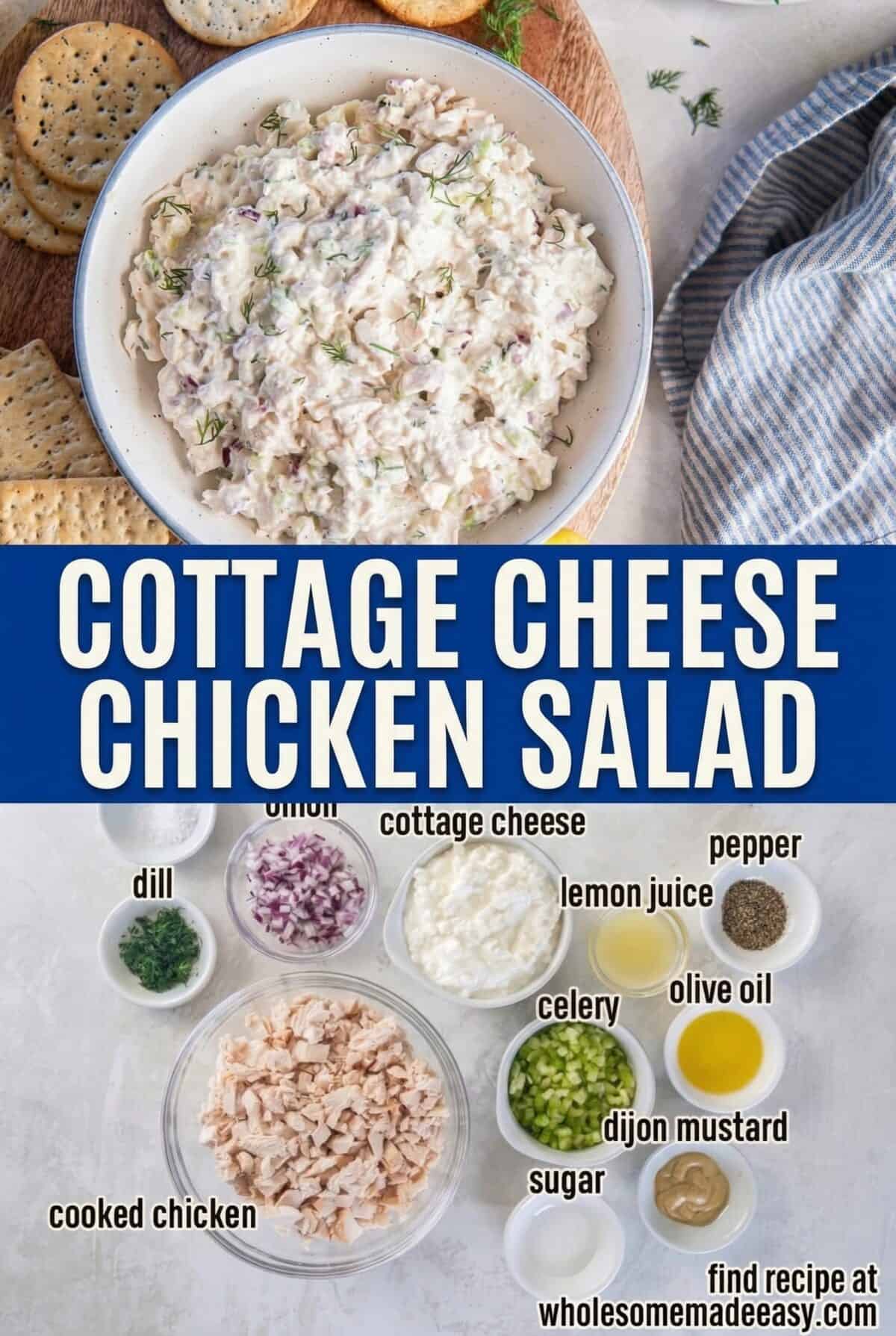 Two-panel collage of Cottage Cheese Chicken Salad — one panel showing the creamy blended cottage cheese dressing, the other a finished bowl served over crisp greens with crackers alongside.