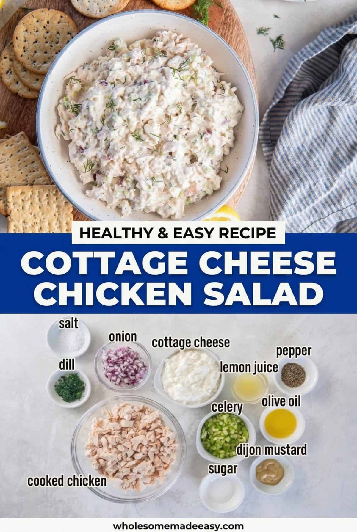 Two-panel collage of Cottage Cheese Chicken Salad — one panel showing the creamy blended cottage cheese dressing, the other a finished bowl served over crisp greens with crackers alongside.