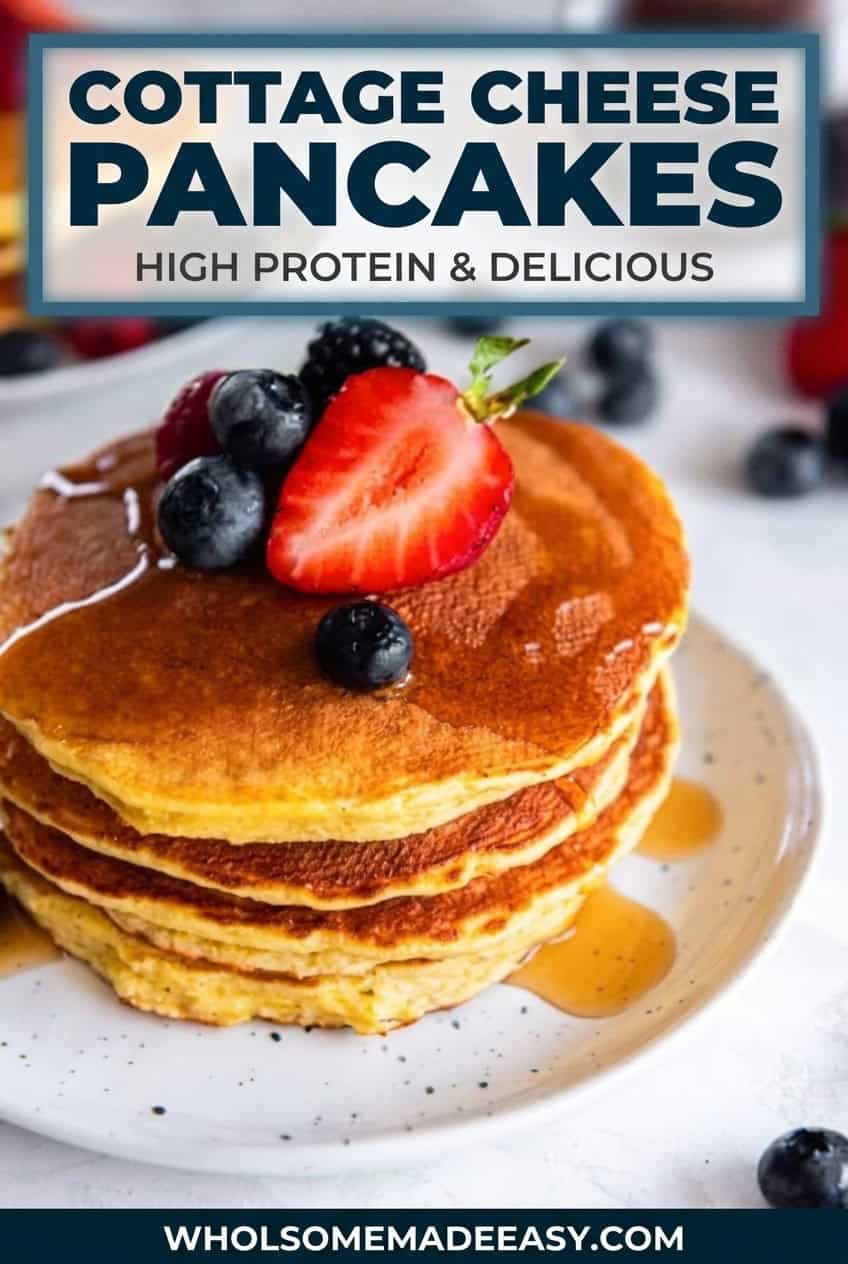 Single-image poster of fluffy cottage cheese pancakes stacked high, topped with fresh berries and a maple syrup drizzle, styled in deep navy and violet tones.