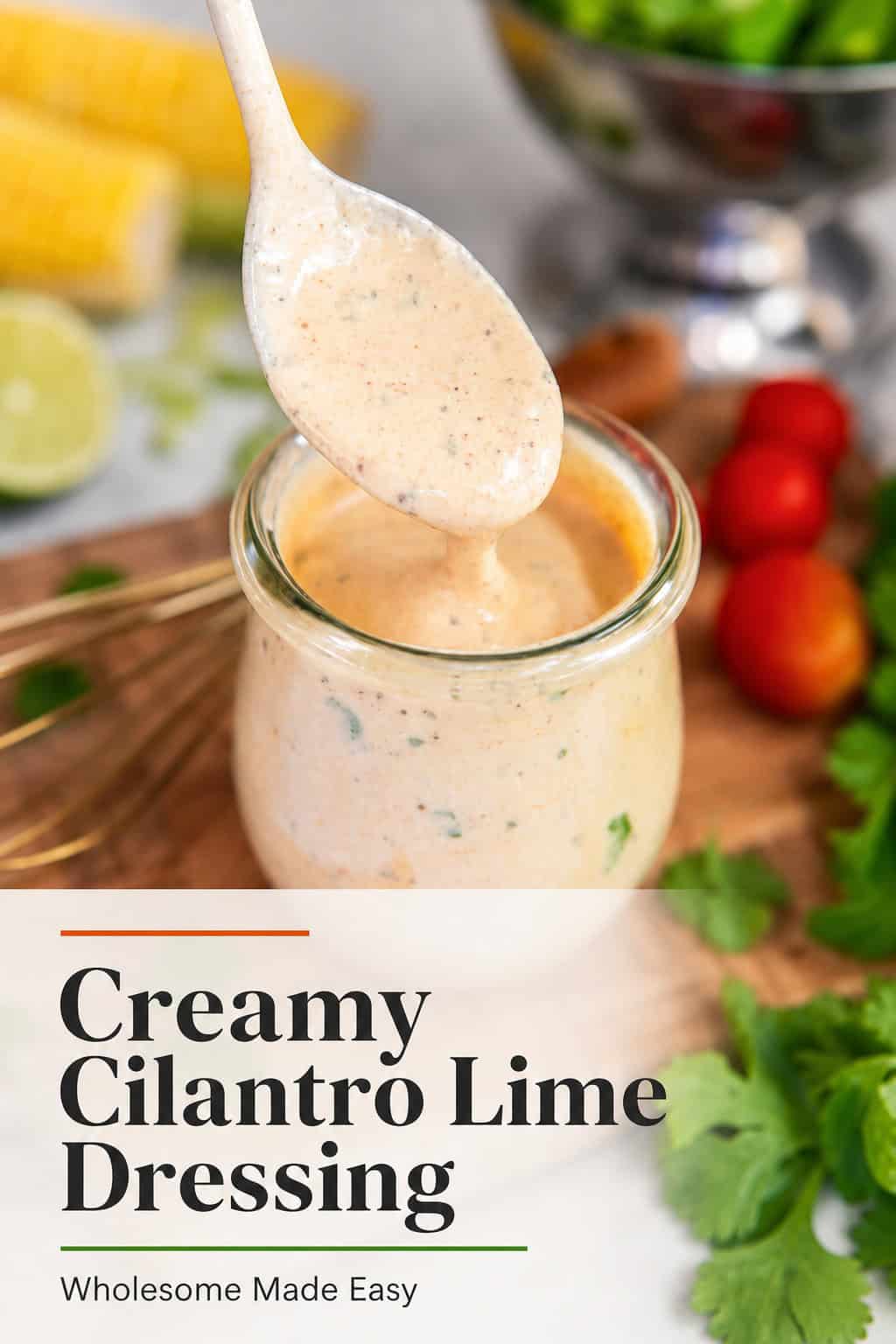 Spoon lifting creamy cilantro lime dressing above a glass jar, showing the thick, creamy texture with visible herb flecks with text overlay.