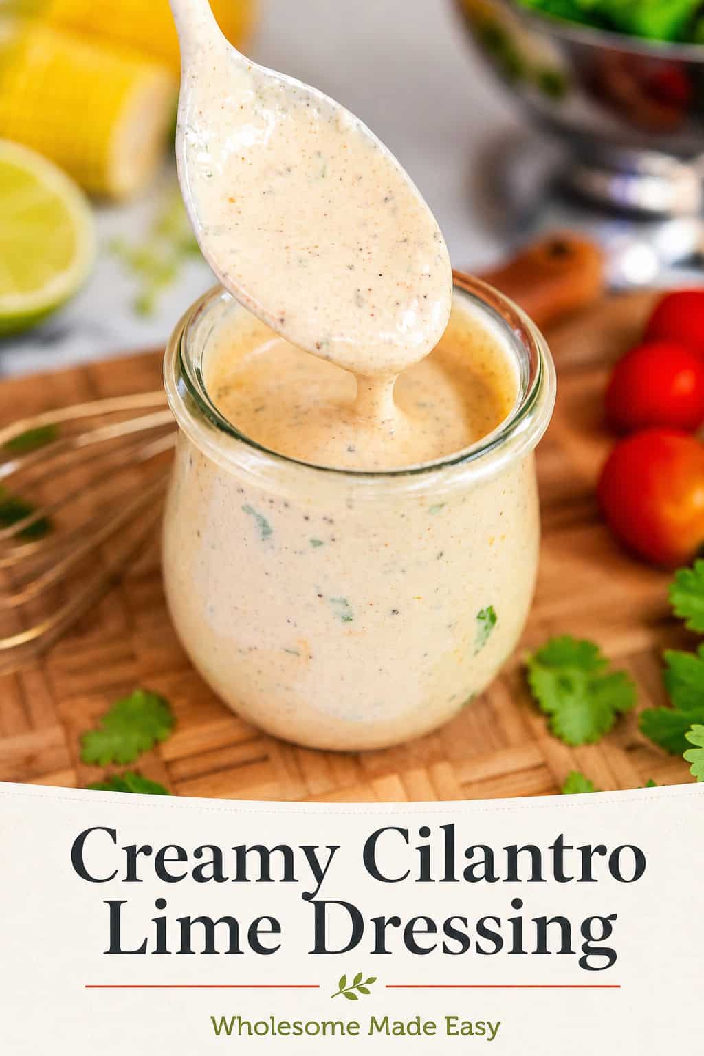 Spoon lifting creamy cilantro lime dressing above a glass jar, showing the thick, creamy texture with visible herb flecks with text overlay.